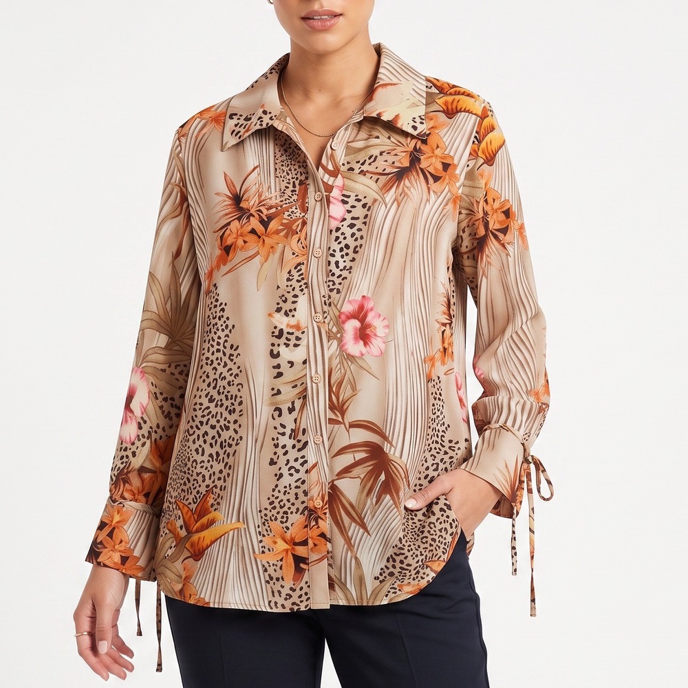 Fashion Bug Button-Down Womens 18/20 Leopard Floral Tan Tie Cuff New